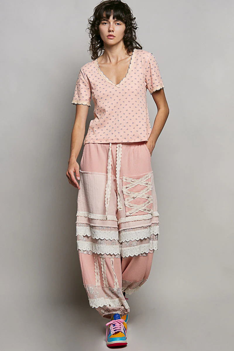 POL Floral V-Neck Short Sleeve Rib T-Shirt in Pink - Image 5