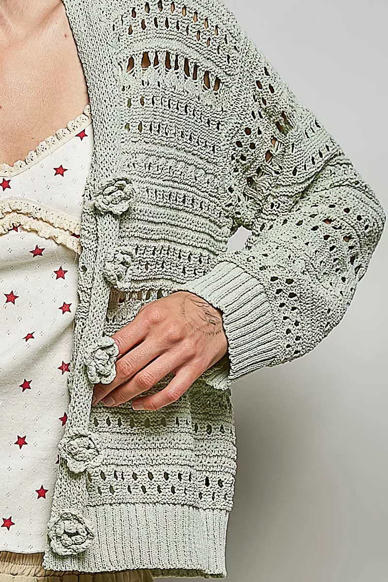 POL Open-Knit Floral Button Cardigan - Image 6