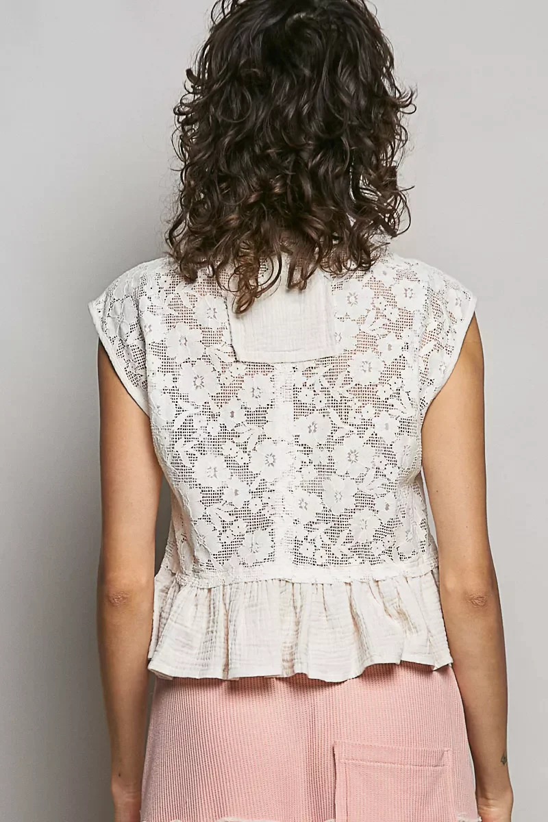 POL Round Neck Lace Sleeveless Top with Double Gauze Ruffle - Image 4