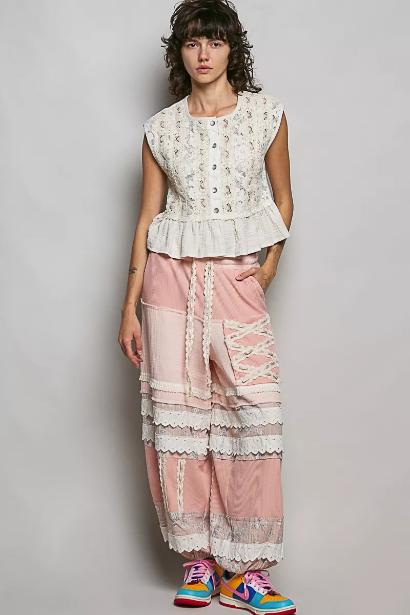POL Round Neck Lace Sleeveless Top with Double Gauze Ruffle - Image 5