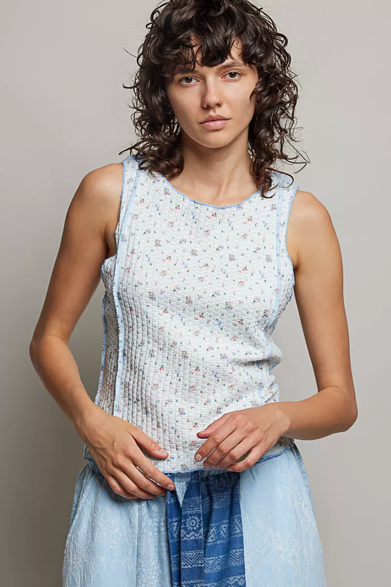 POL Seam detail Floral Round Neck Ribbed Tank - Image 2