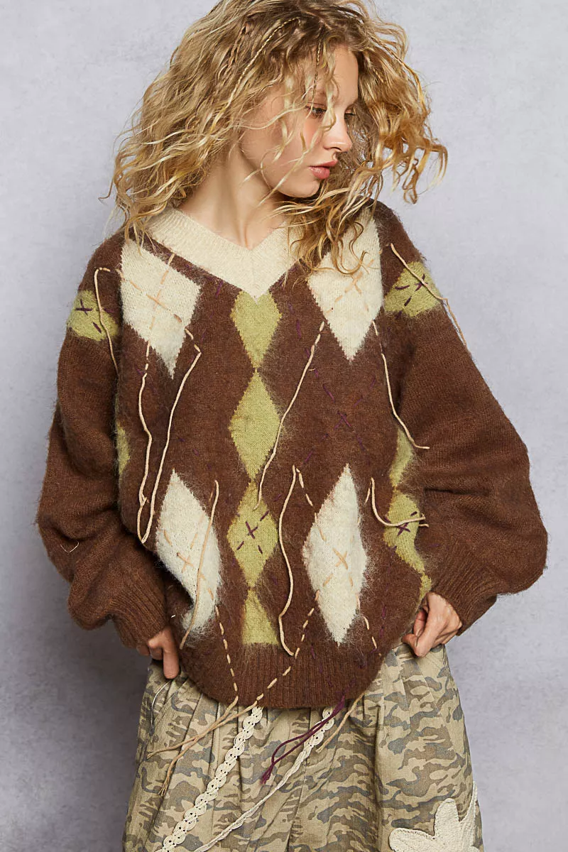 POL V-Neck Argyle Pattern Mohair Sweater with Contrast Exposed Stitch Detail - Image 10