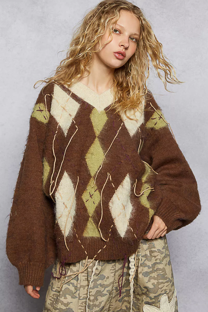POL V-Neck Argyle Pattern Mohair Sweater with Contrast Exposed Stitch Detail - Image 11