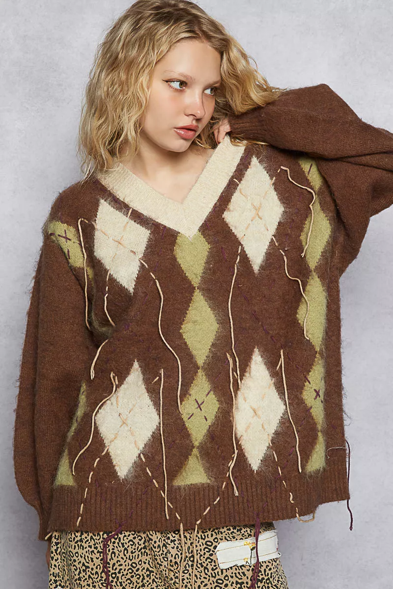 POL V-Neck Argyle Pattern Mohair Sweater with Contrast Exposed Stitch Detail - Image 12