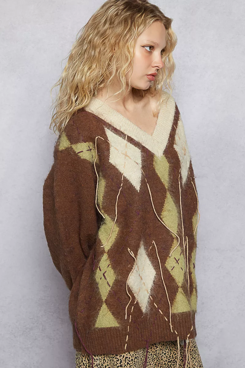 POL V-Neck Argyle Pattern Mohair Sweater with Contrast Exposed Stitch Detail - Image 13