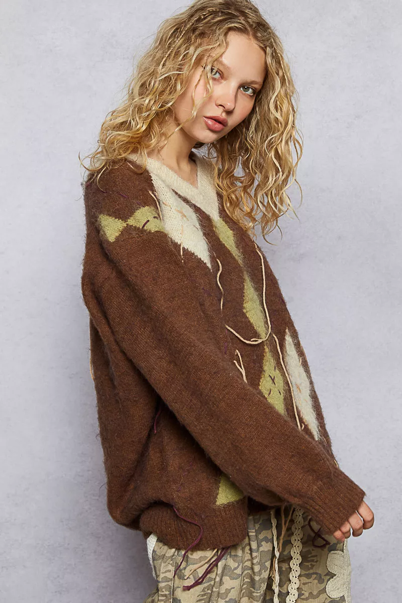 POL V-Neck Argyle Pattern Mohair Sweater with Contrast Exposed Stitch Detail - Image 14