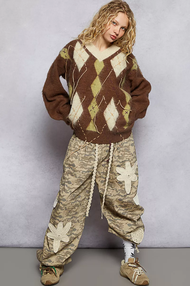 POL V-Neck Argyle Pattern Mohair Sweater with Contrast Exposed Stitch Detail - Image 16