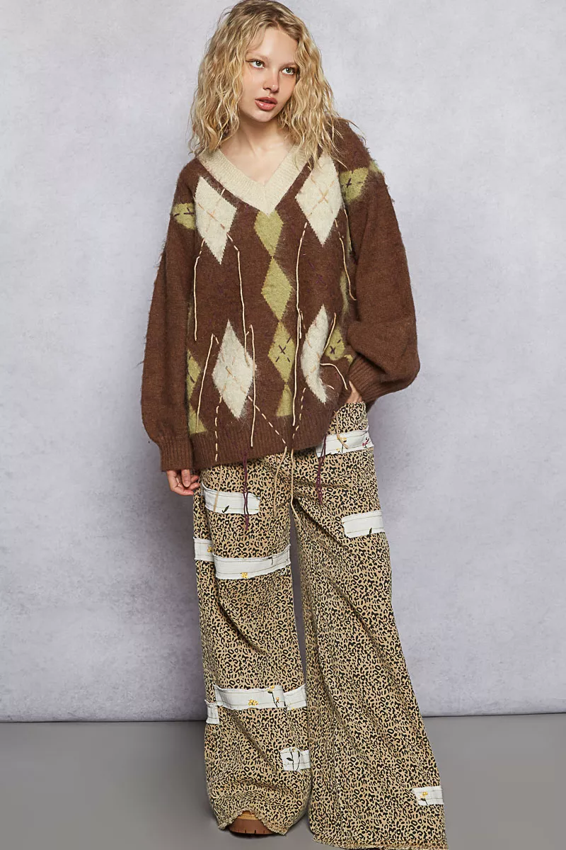POL V-Neck Argyle Pattern Mohair Sweater with Contrast Exposed Stitch Detail - Image 17