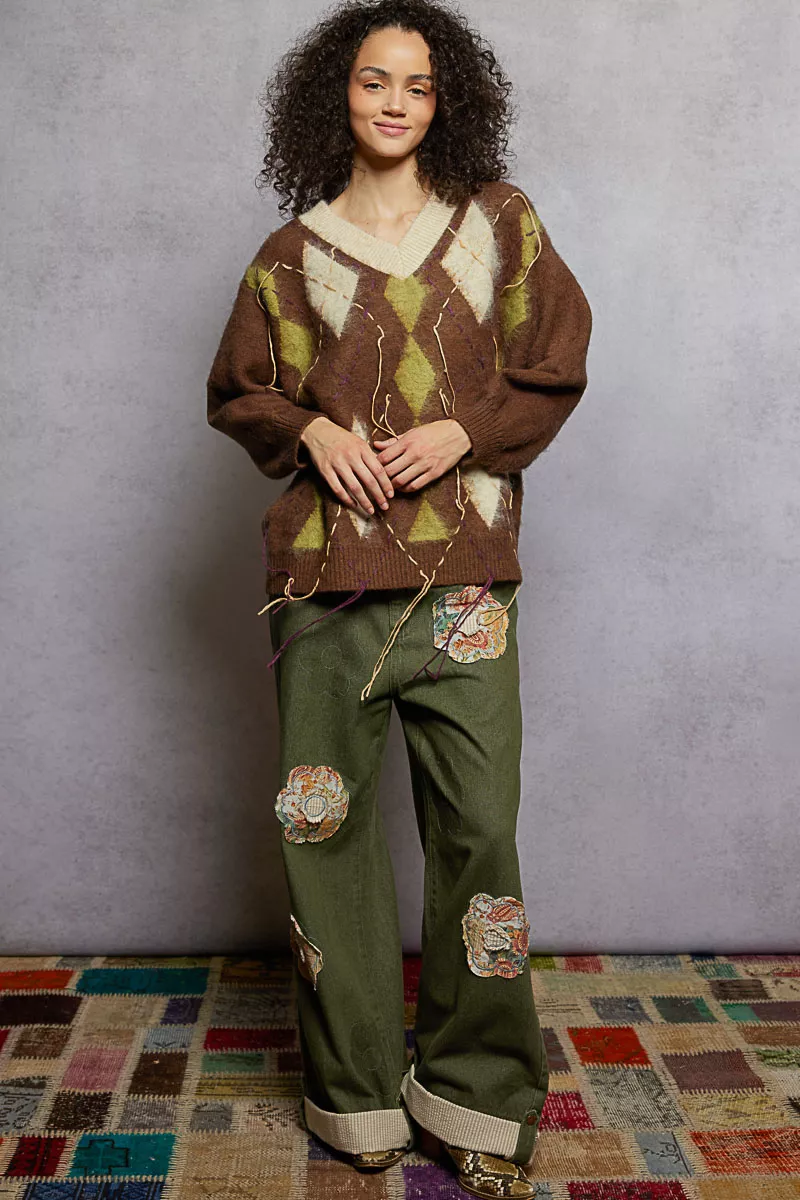 POL V-Neck Argyle Pattern Mohair Sweater with Contrast Exposed Stitch Detail - Image 2