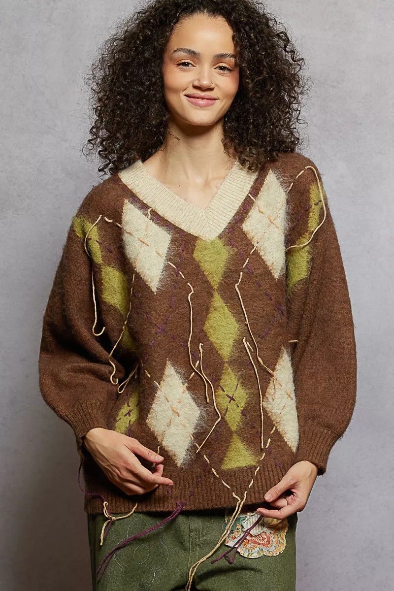 POL V-Neck Argyle Pattern Mohair Sweater with Contrast Exposed Stitch Detail - Image 3