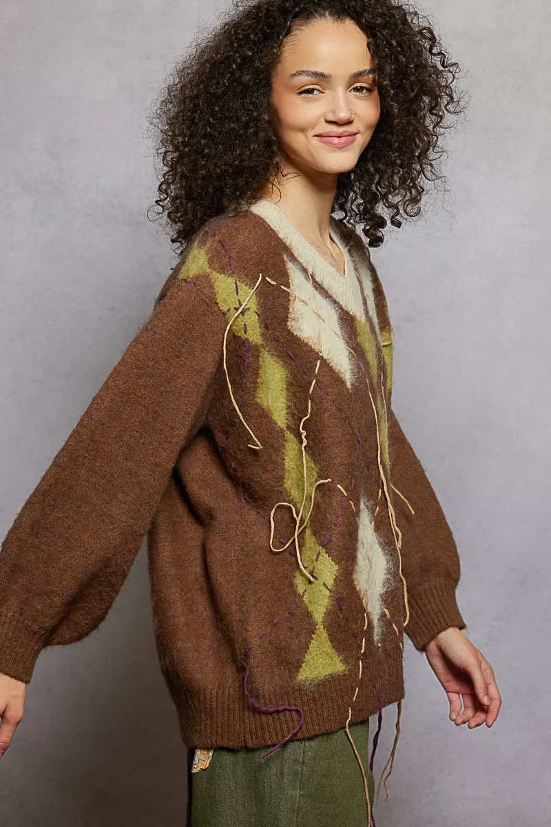 POL V-Neck Argyle Pattern Mohair Sweater with Contrast Exposed Stitch Detail - Image 4