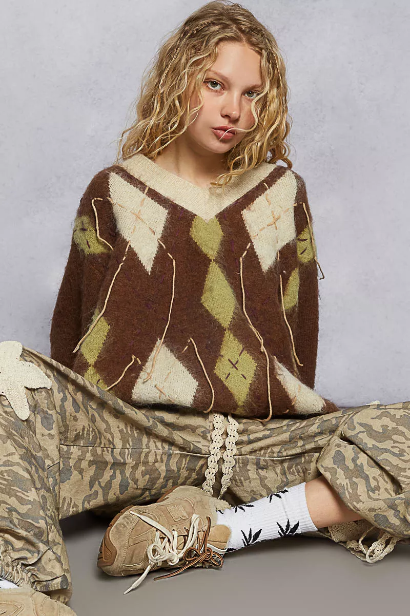 POL V-Neck Argyle Pattern Mohair Sweater with Contrast Exposed Stitch Detail - Image 9
