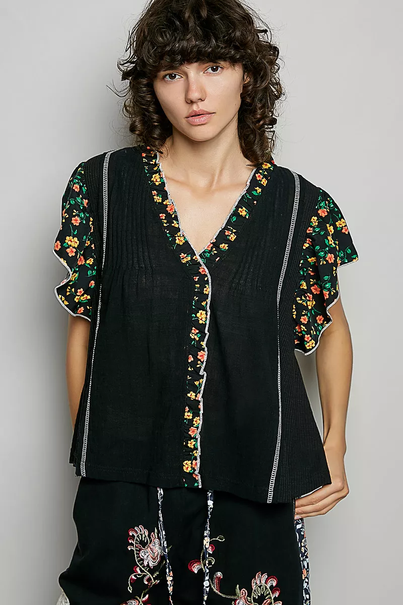 POL V-Neck Floral Ruffle Sleeve Blouse - Image 2