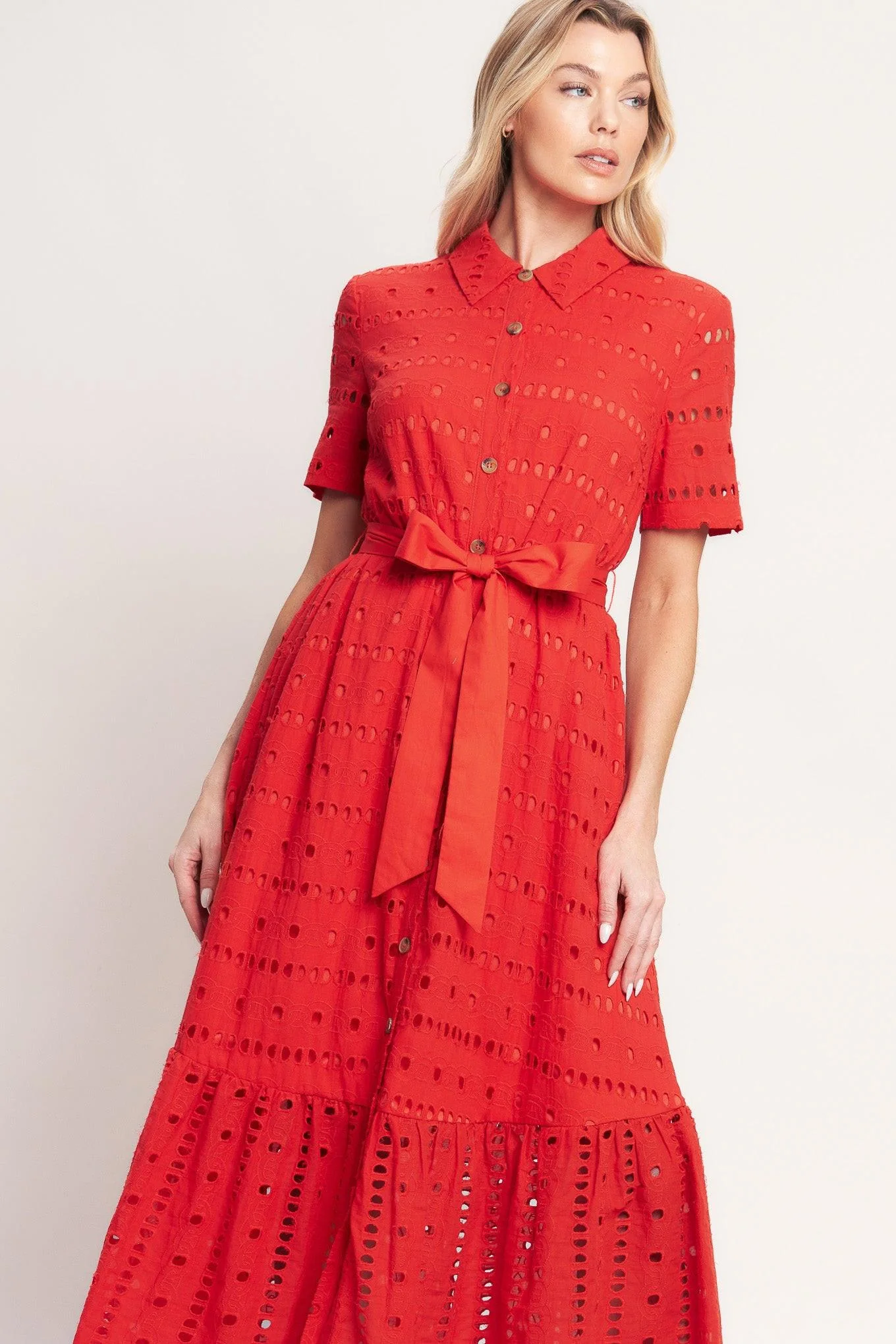 Power Scarlet Woven Eyelet Midi Dress - Image 4