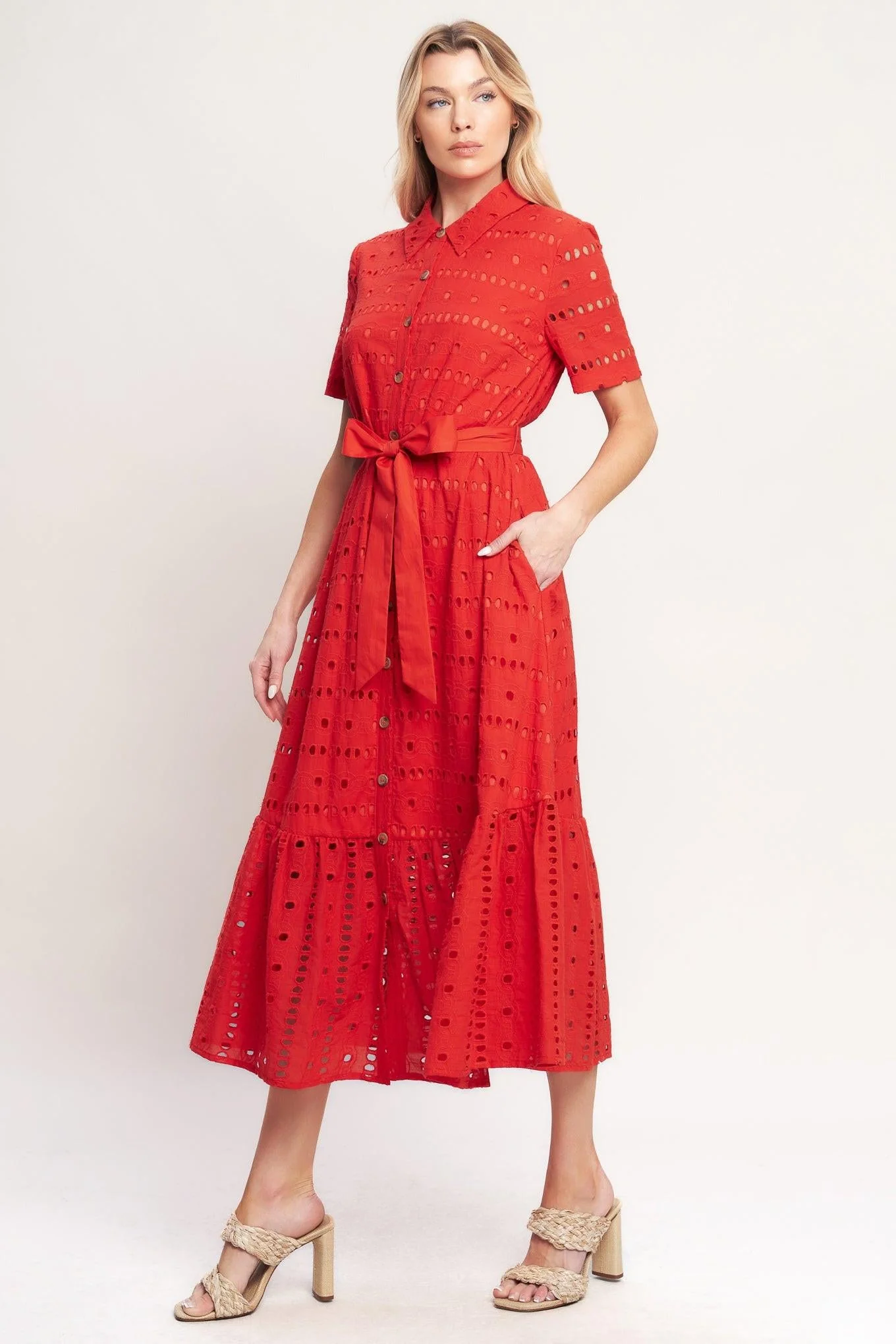 Power Scarlet Woven Eyelet Midi Dress - Image 5