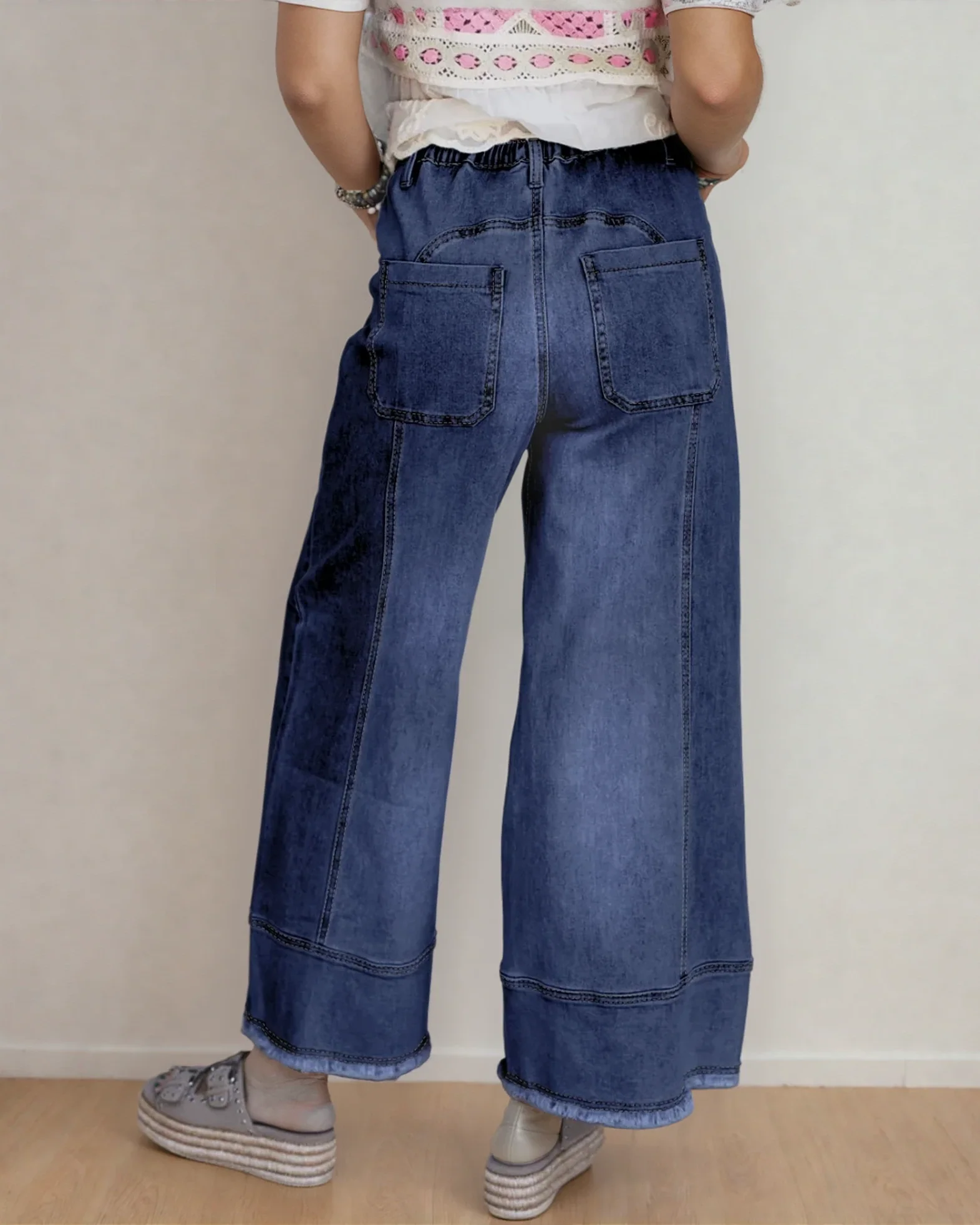 PREORDER Beau Blue Drawstring Seam Detail Raw Hem Wide Leg Jeans - Dark Wash - Image 2