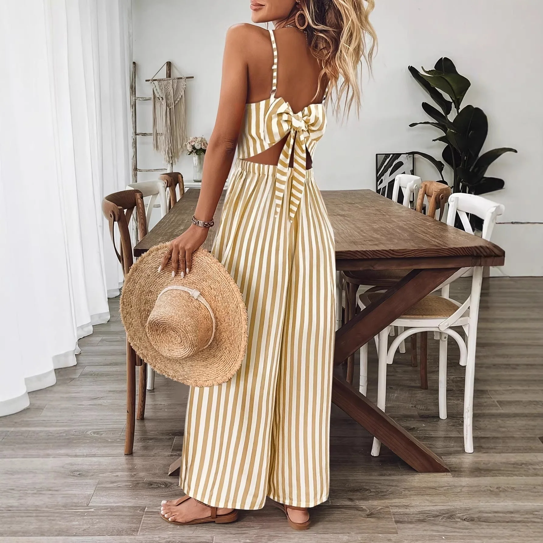 Printed Backless Sleeveless Strap Jumpsuit | Ginger Yellow - Image 4