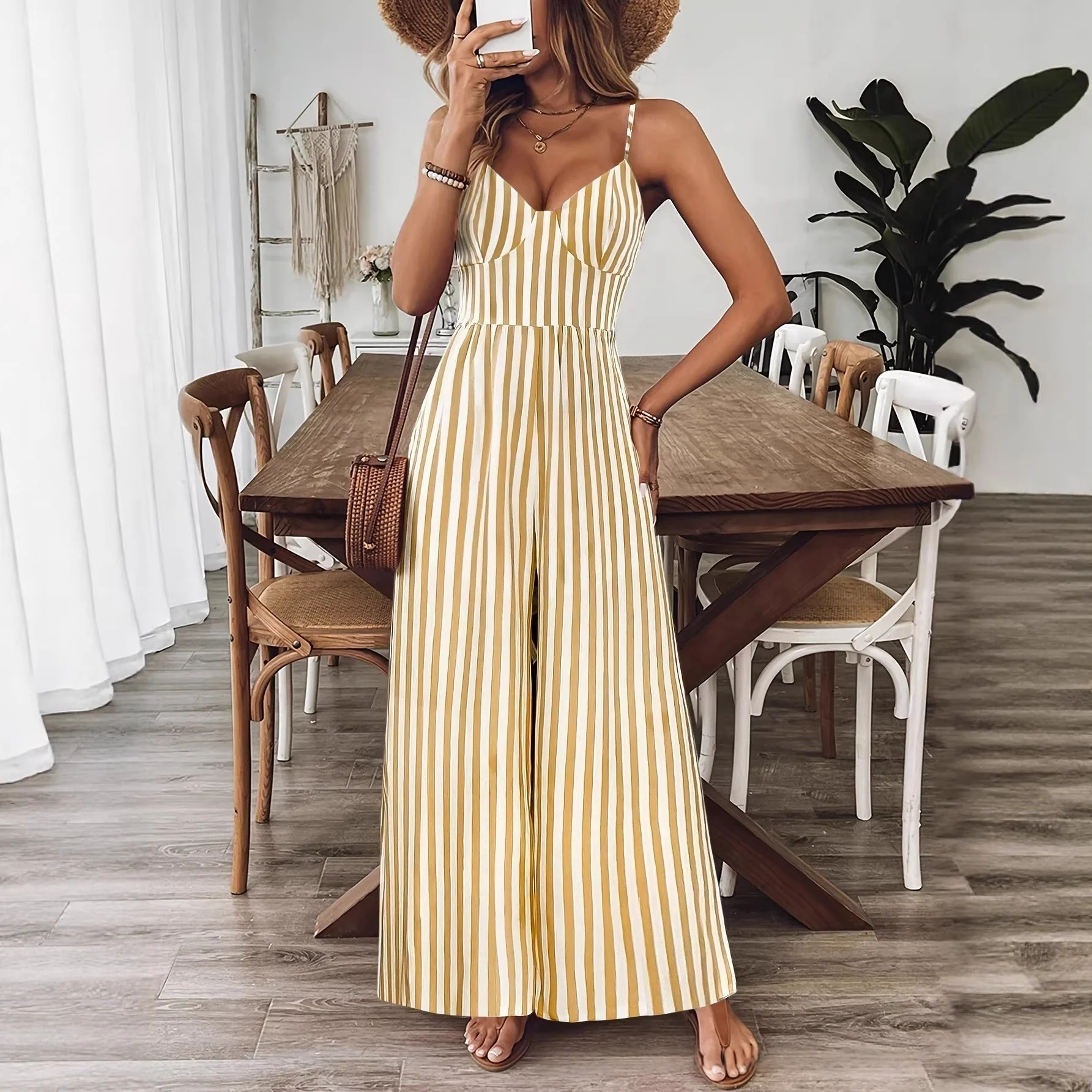 Printed Backless Sleeveless Strap Jumpsuit | Ginger Yellow - Image 5