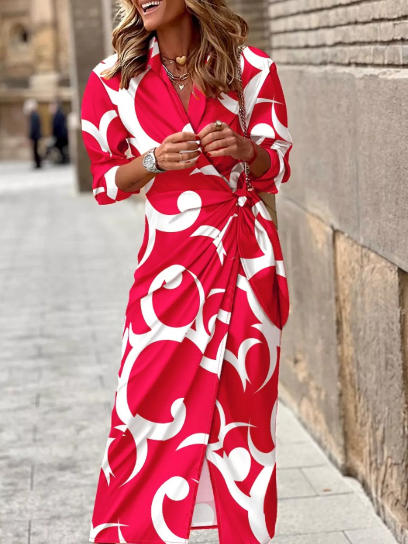 Printed Collared Neck Shirt Dress - Image 4