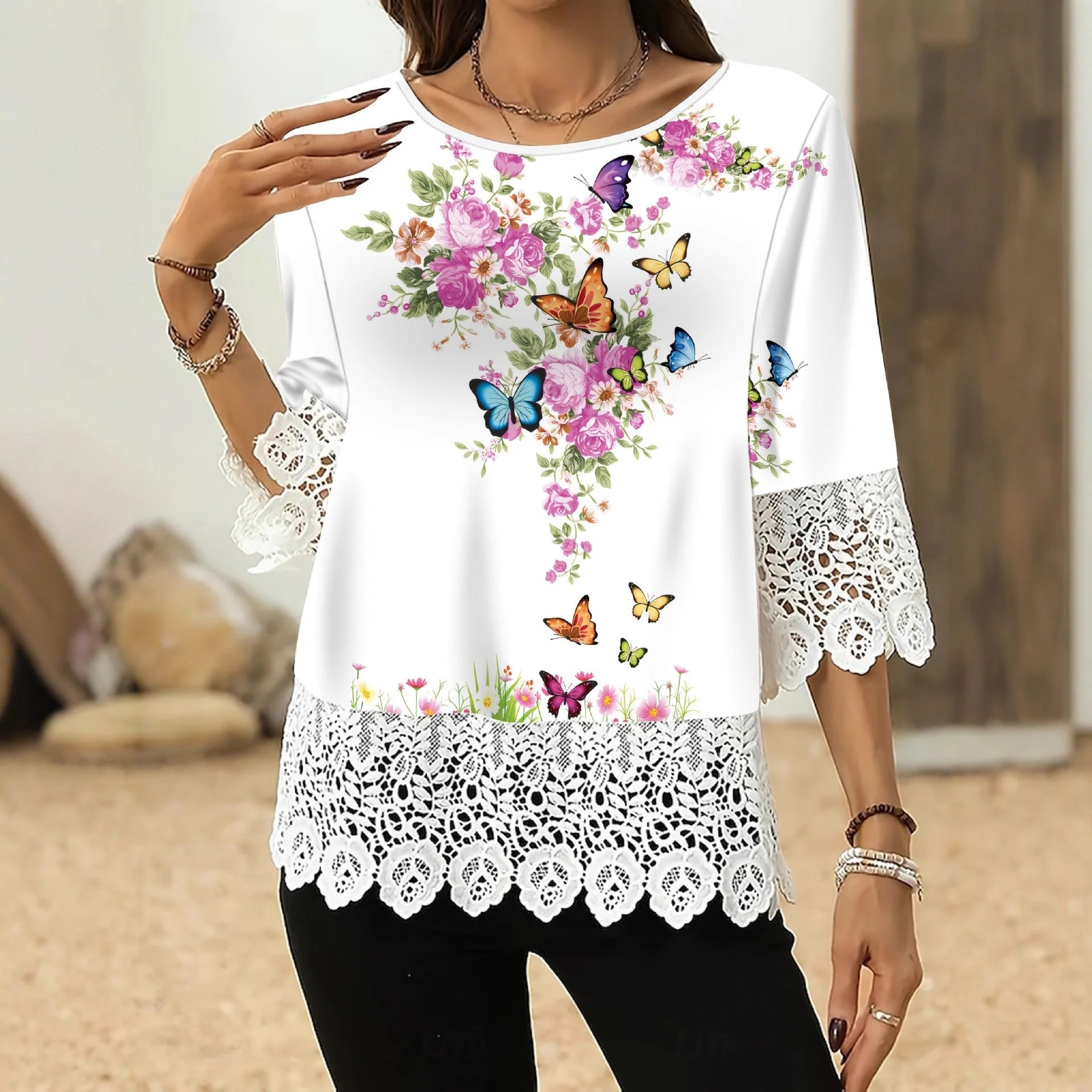 Printed Patchwork Three-Quarter Sleeve Top – Women's Loose Fit Pullover
