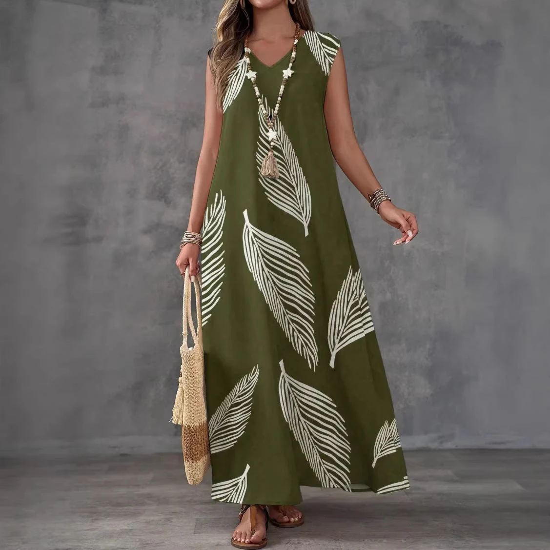 Printed V-Neck Sleeveless High-Waist Maxi Dress | 3 Colors - Image 3