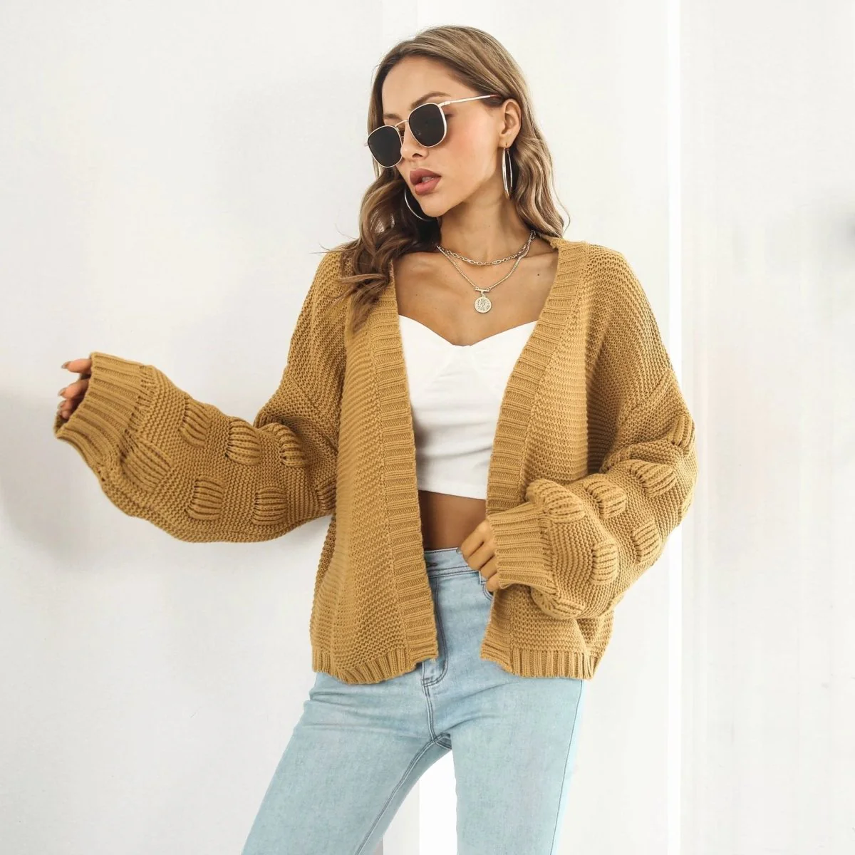 Puff Sleeve Cardigan Sweater Women Clothes Front Chunky Knitwear Coat - Image 4