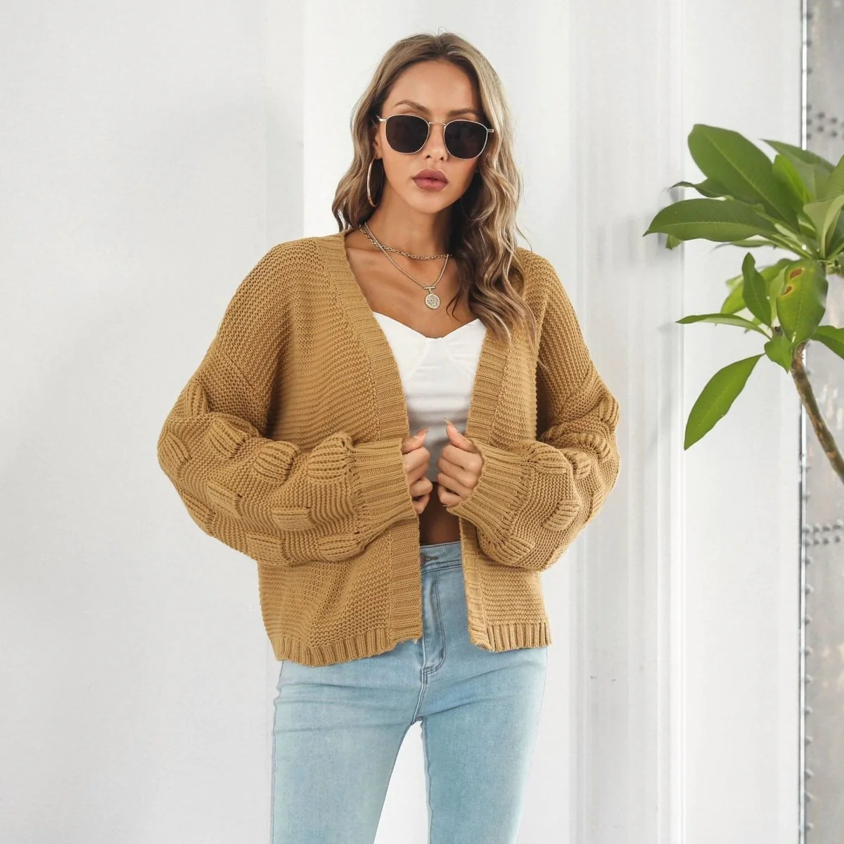 Puff Sleeve Cardigan Sweater Women Clothes Front Chunky Knitwear Coat - Image 7