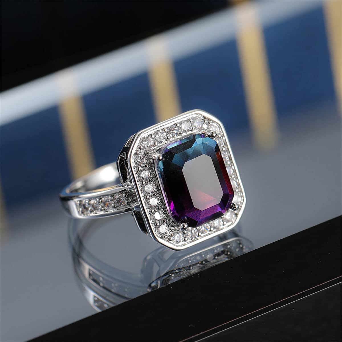 Purple-Blue Crystal & Cubic Zirconia Radiant-Cut Channel Halo Ring - Image 3