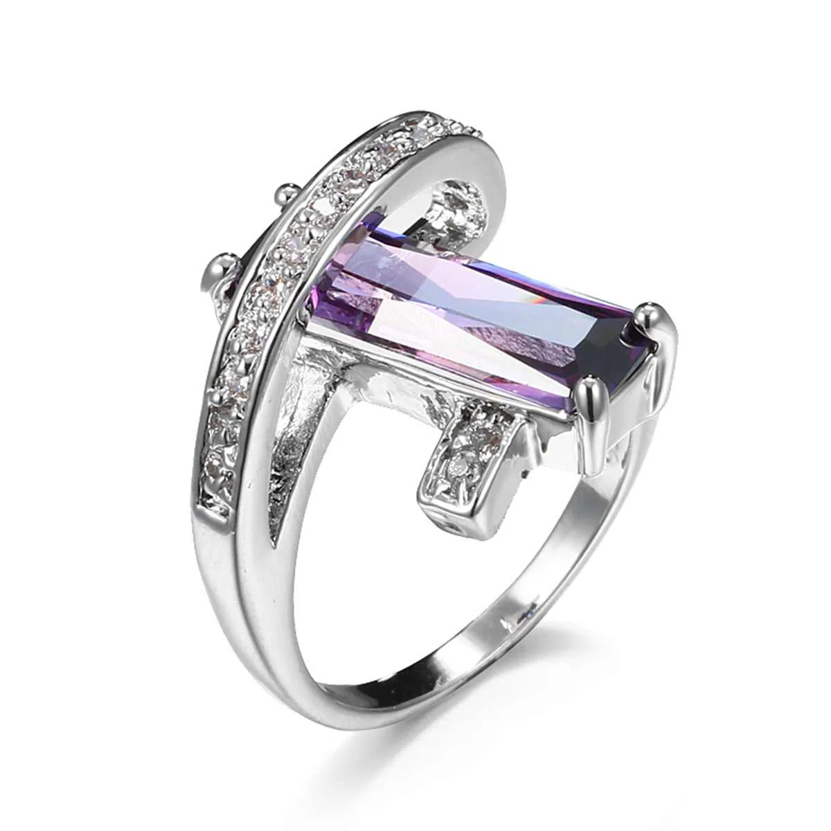 Purple Crystal & Cubic Zirconia Pavé Wrap Baguette-Cut Ring - Image 2