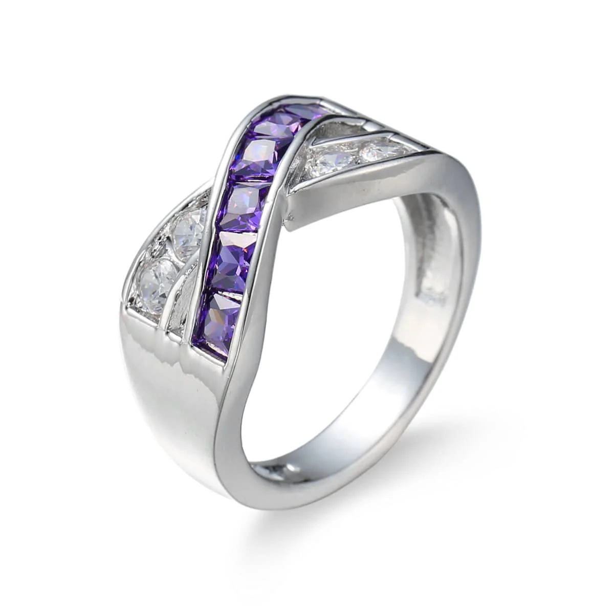 Purple Crystal & Cubic Zirconia Princess-Cut Crisscross Ring - Image 4