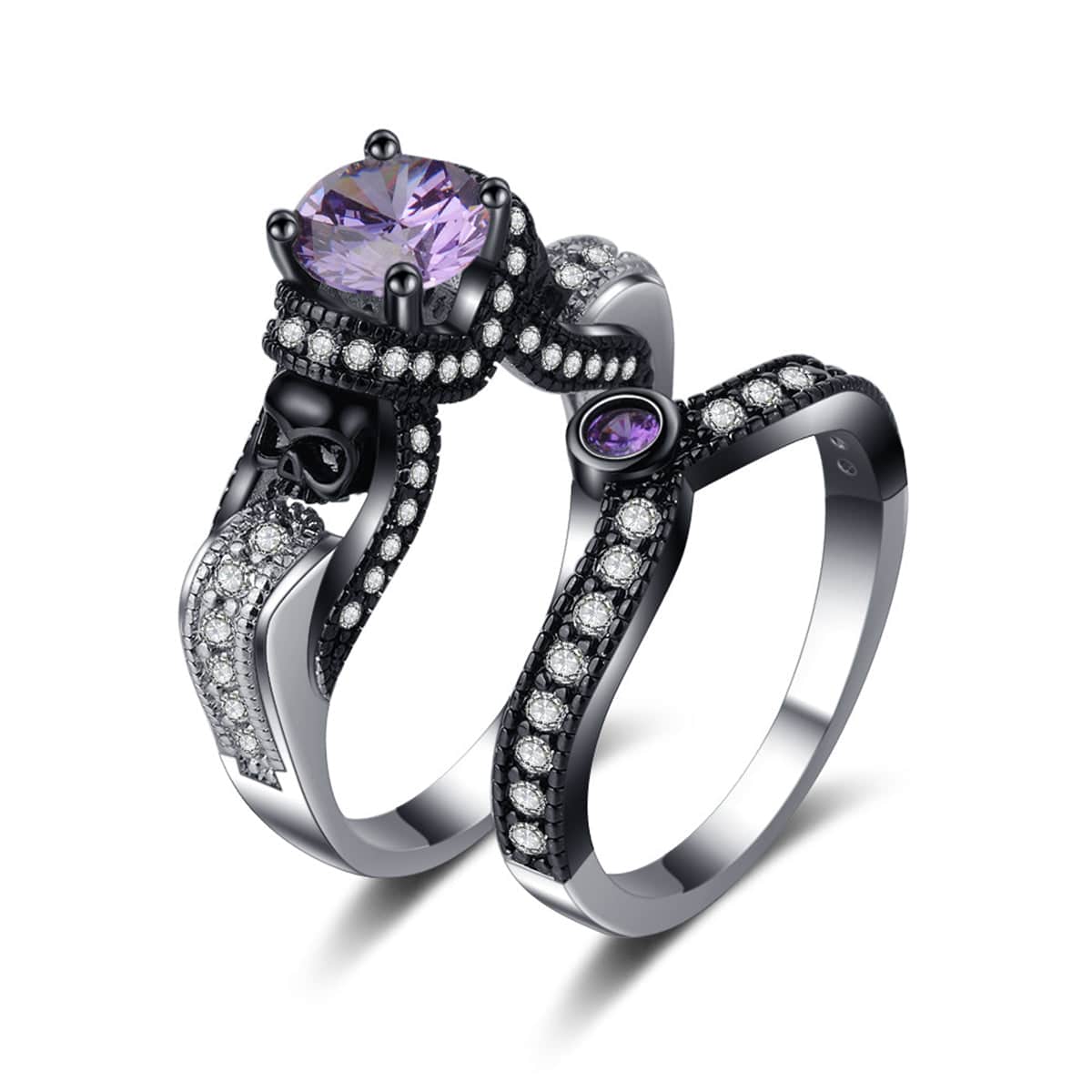 Purple Crystal & Cubic Zirconia Skull Ring Set - Image 3