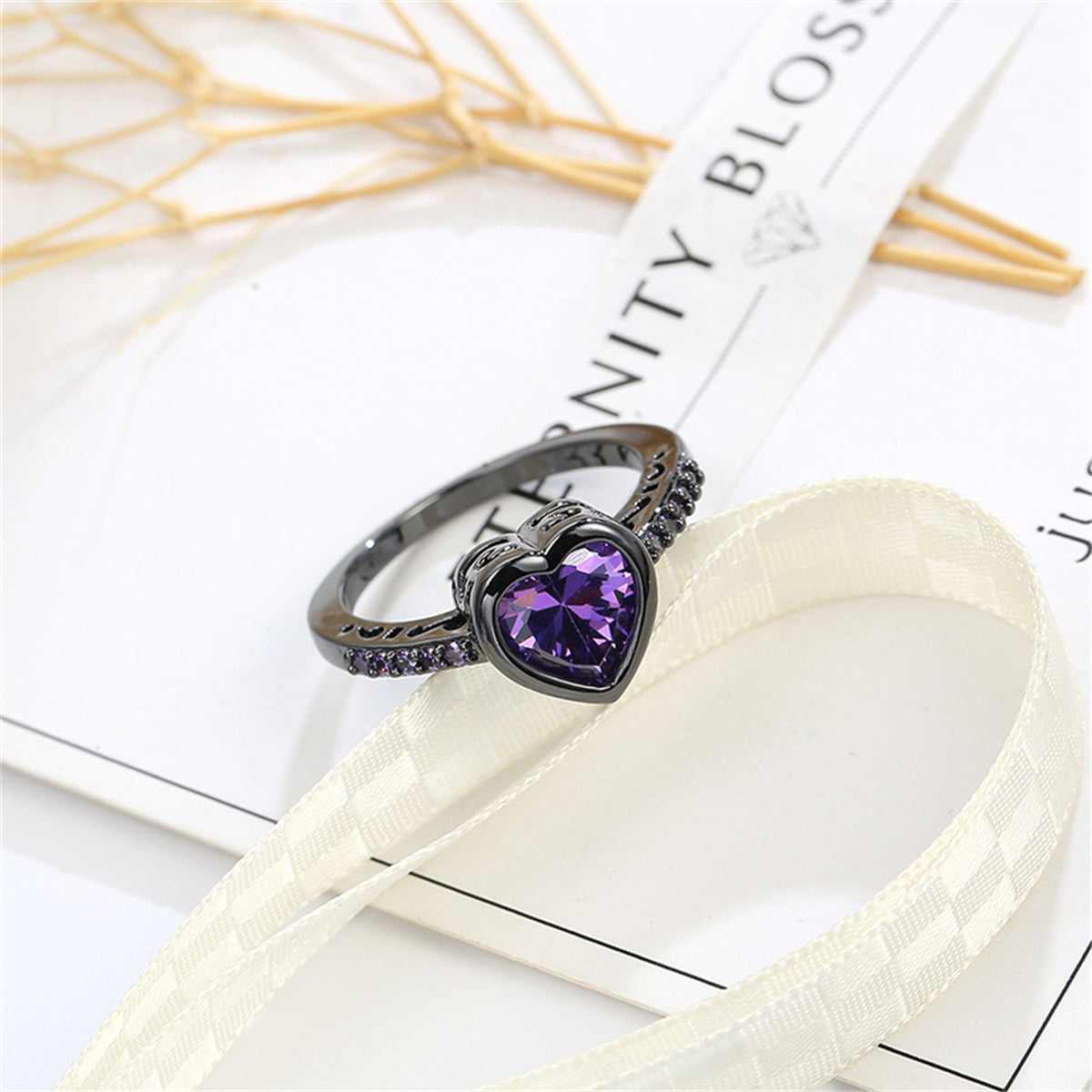 Purple Crystal & Purple Cubic Zirconia Pavé Heart-Cut Ring - Image 6