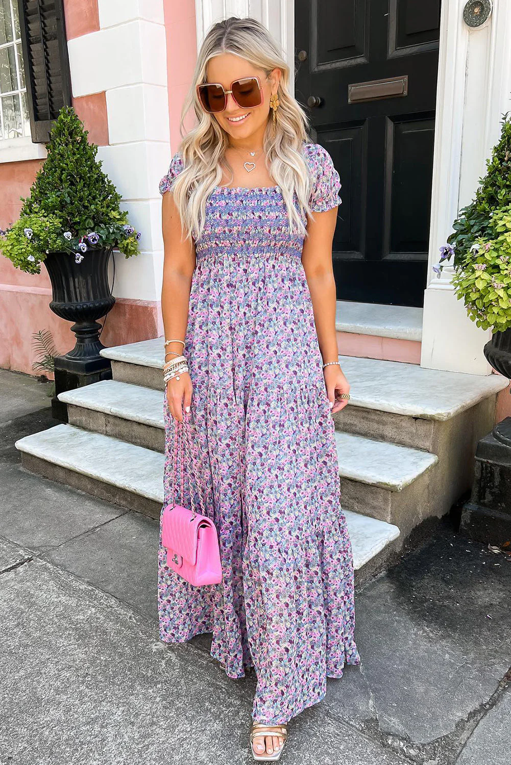 Purple Floral Short Bubble Sleeve Smocked High Waist Maxi Dress - Image 3