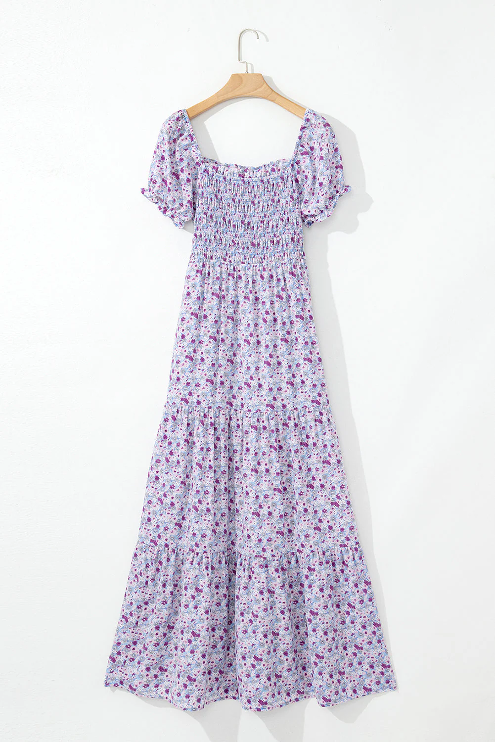 Purple Floral Short Bubble Sleeve Smocked High Waist Maxi Dress - Image 5