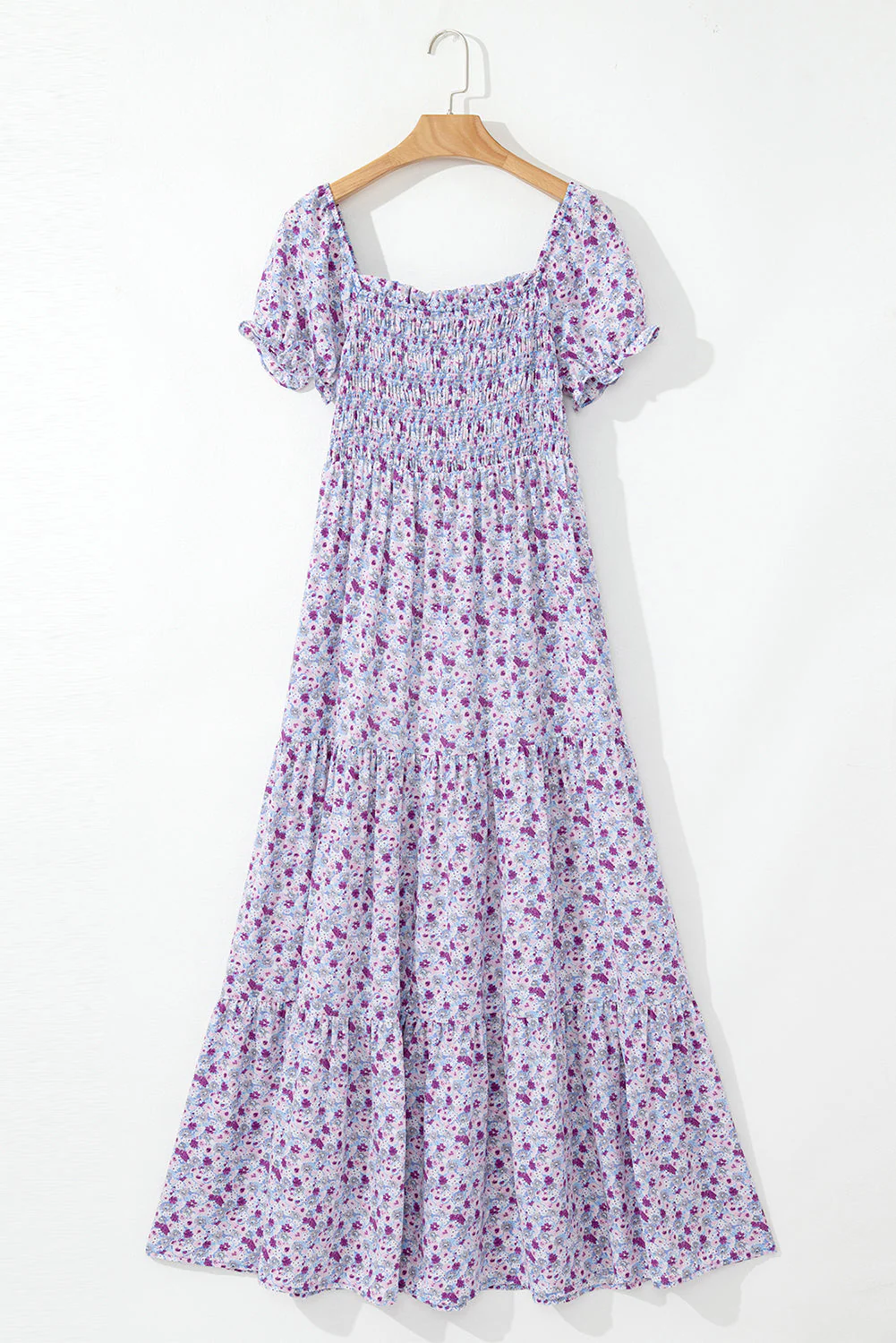Purple Floral Short Bubble Sleeve Smocked High Waist Maxi Dress - Image 6