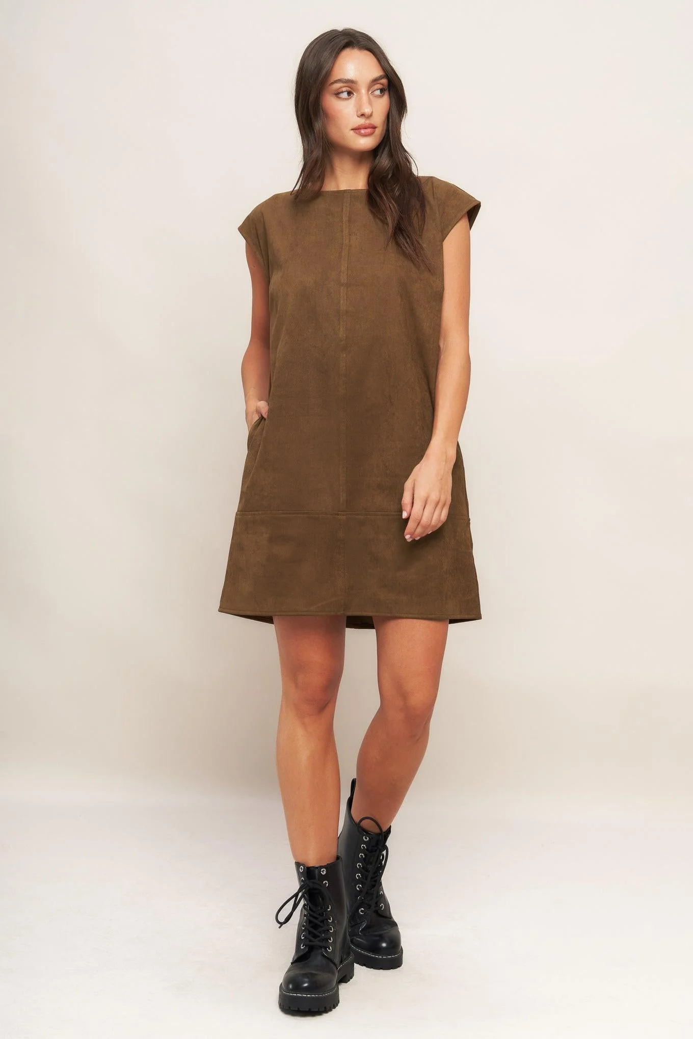 Quiet Luxury Edge Faux Suede Midi Shift Dress - Image 5