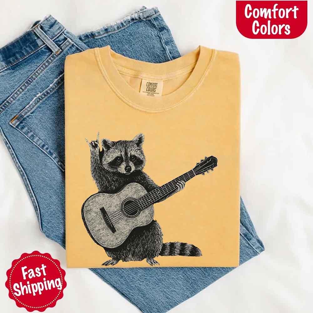 Raccoon Playing A Guitar, Funny Animals Comfort Colors T-Shirt - Image 10