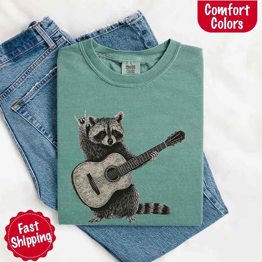 Raccoon Playing A Guitar, Funny Animals Comfort Colors T-Shirt - Image 12