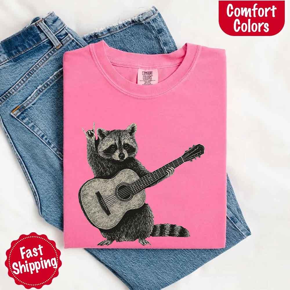 Raccoon Playing A Guitar, Funny Animals Comfort Colors T-Shirt - Image 14
