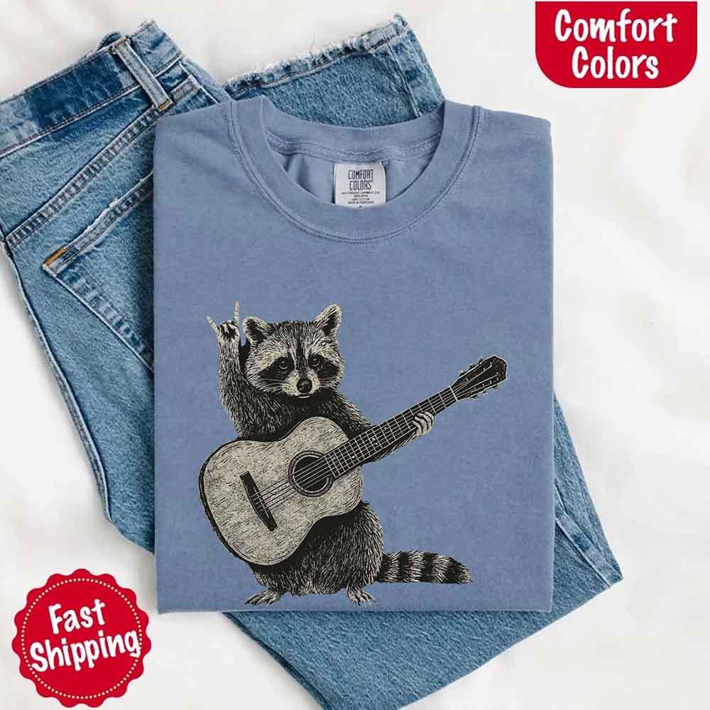 Raccoon Playing A Guitar, Funny Animals Comfort Colors T-Shirt - Image 16