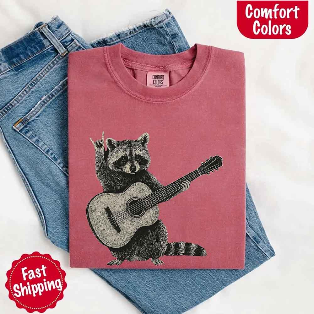 Raccoon Playing A Guitar, Funny Animals Comfort Colors T-Shirt - Image 18