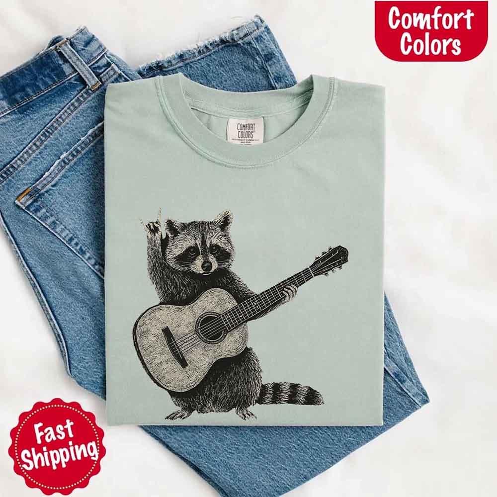 Raccoon Playing A Guitar, Funny Animals Comfort Colors T-Shirt - Image 20
