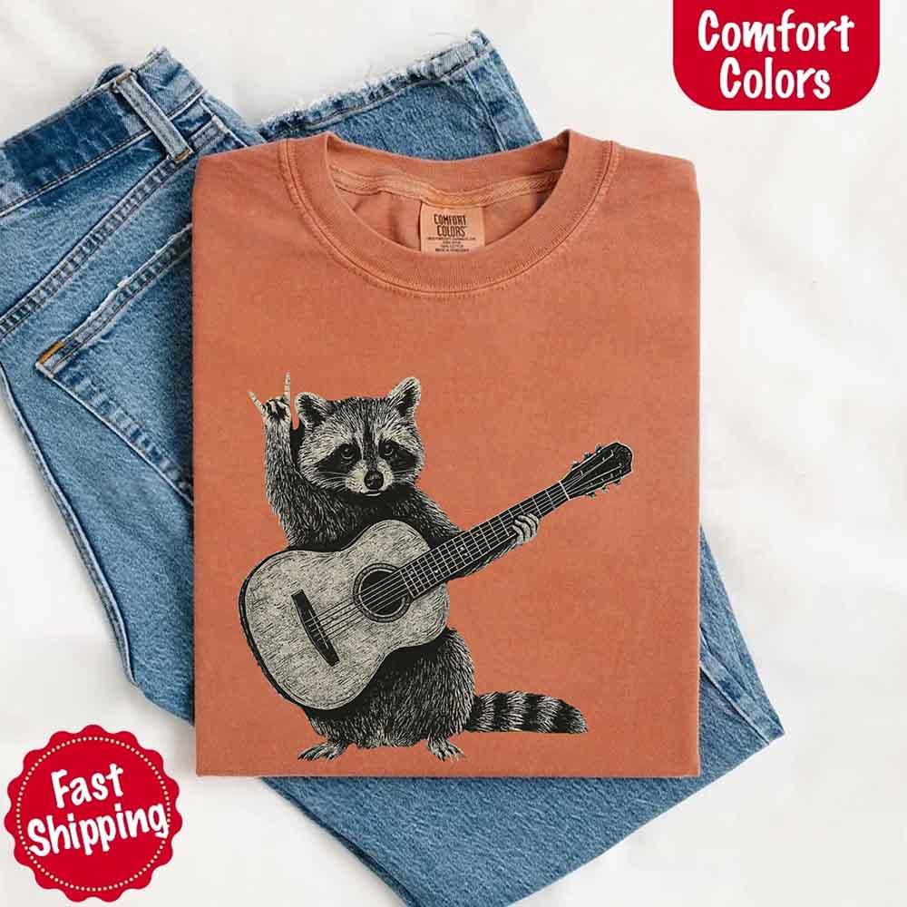 Raccoon Playing A Guitar, Funny Animals Comfort Colors T-Shirt - Image 24