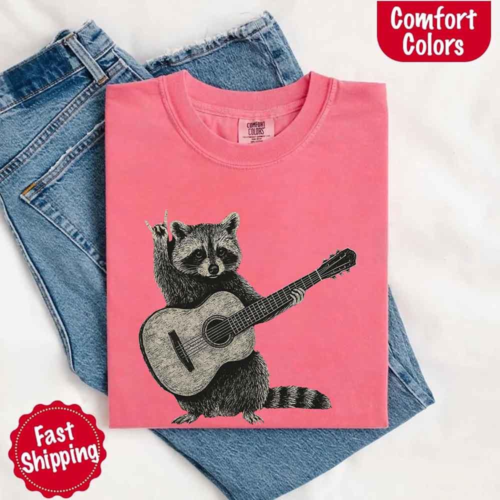 Raccoon Playing A Guitar, Funny Animals Comfort Colors T-Shirt - Image 28