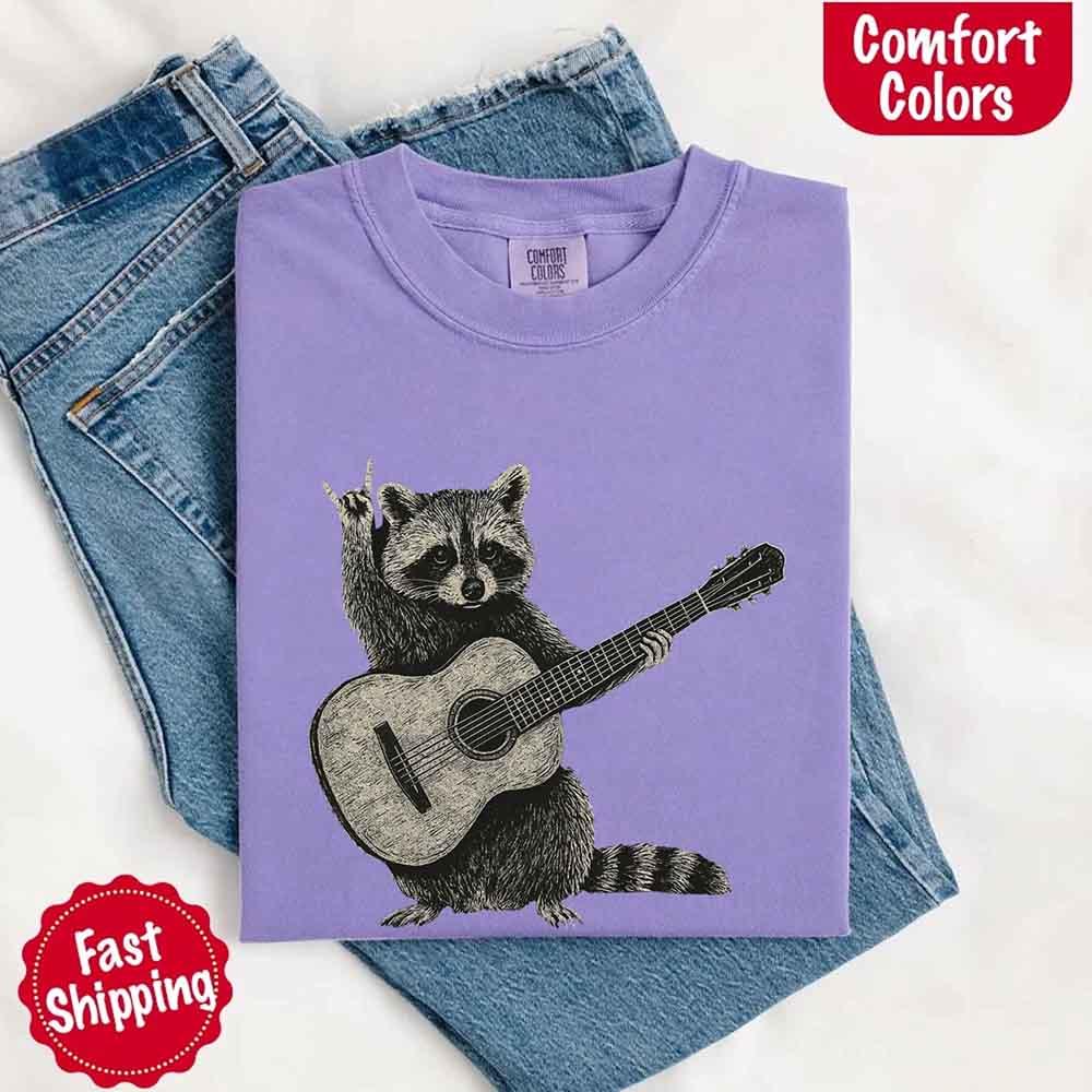 Raccoon Playing A Guitar, Funny Animals Comfort Colors T-Shirt - Image 30