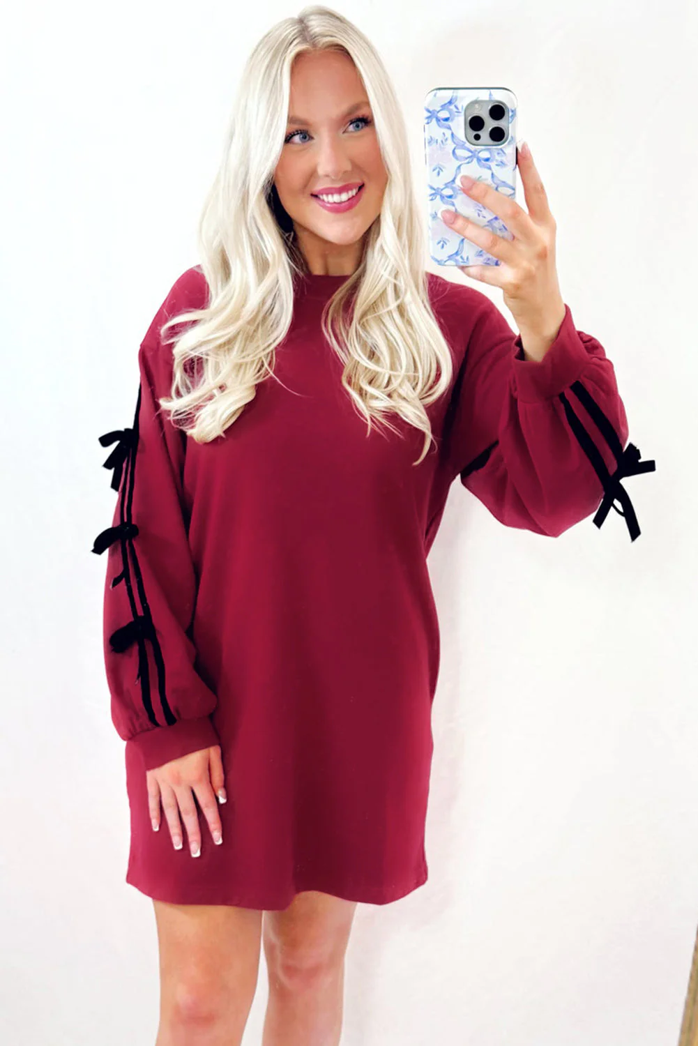 Racing Red Contrast Striped Bow Detail Drop Shoulder Sweatshirt Dress with Pockets - Image 6