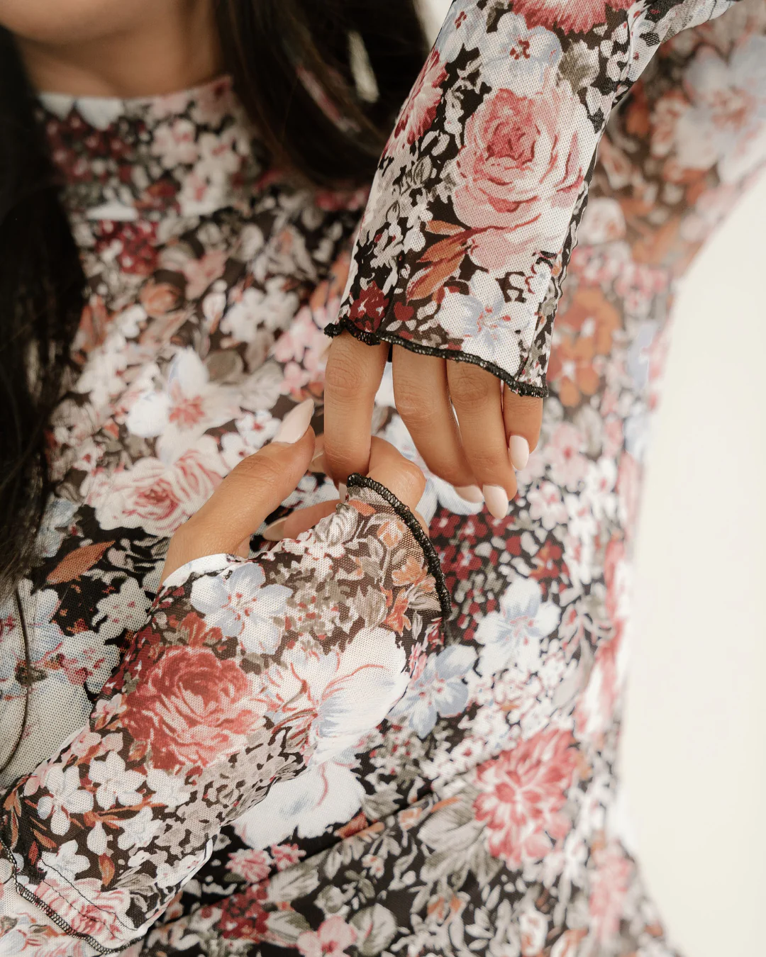 Raelynn Floral Print Mesh Mock Neck Slim Blouse - Brown - Image 5