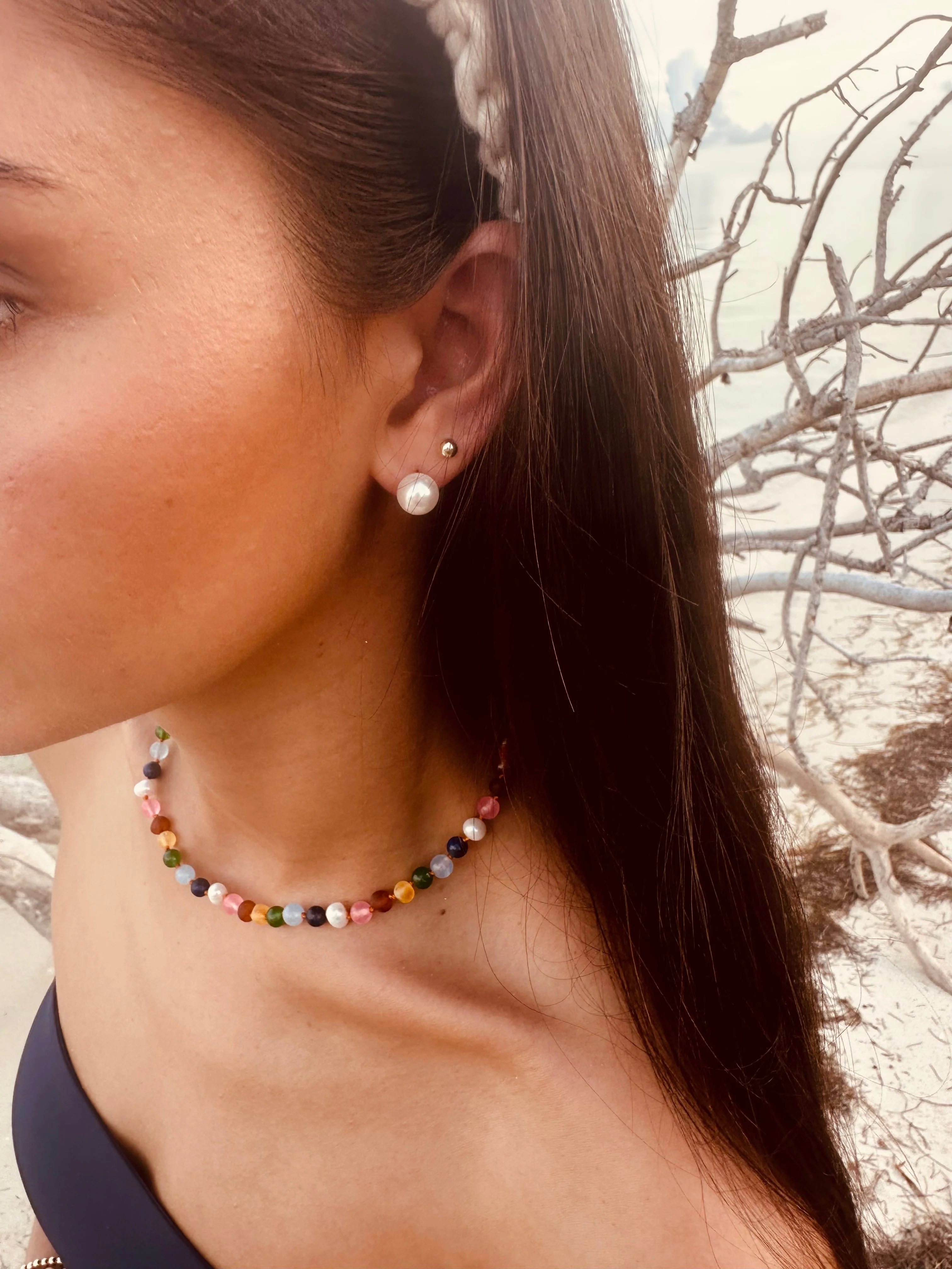 Raw Baltic Amber and Pearl Necklace + Sweet Pink Gemstones - Image 2