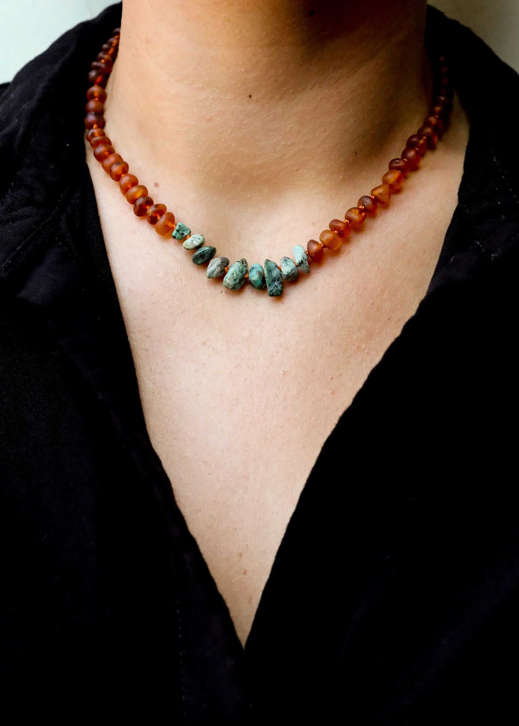 Raw Cognac Baltic Amber + Raw Turquoise Jasper || Necklace - Image 3