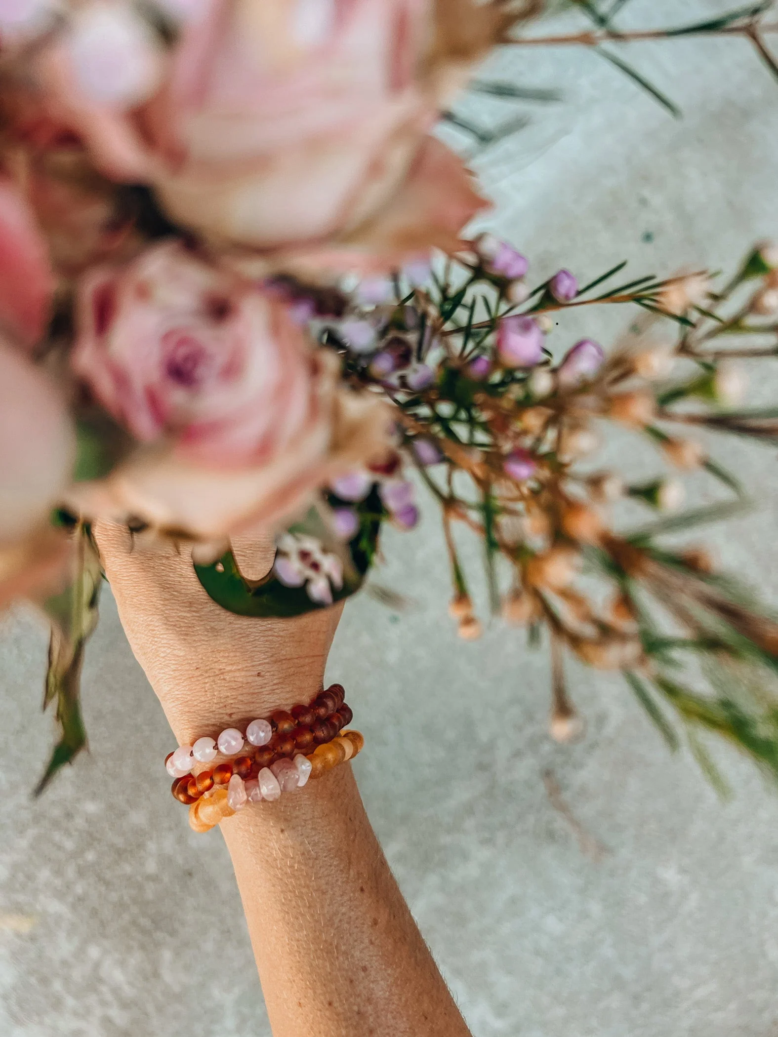 Raw Cognac Baltic Sea Amber + Rose Quartz || Adult Bracelet - Image 4